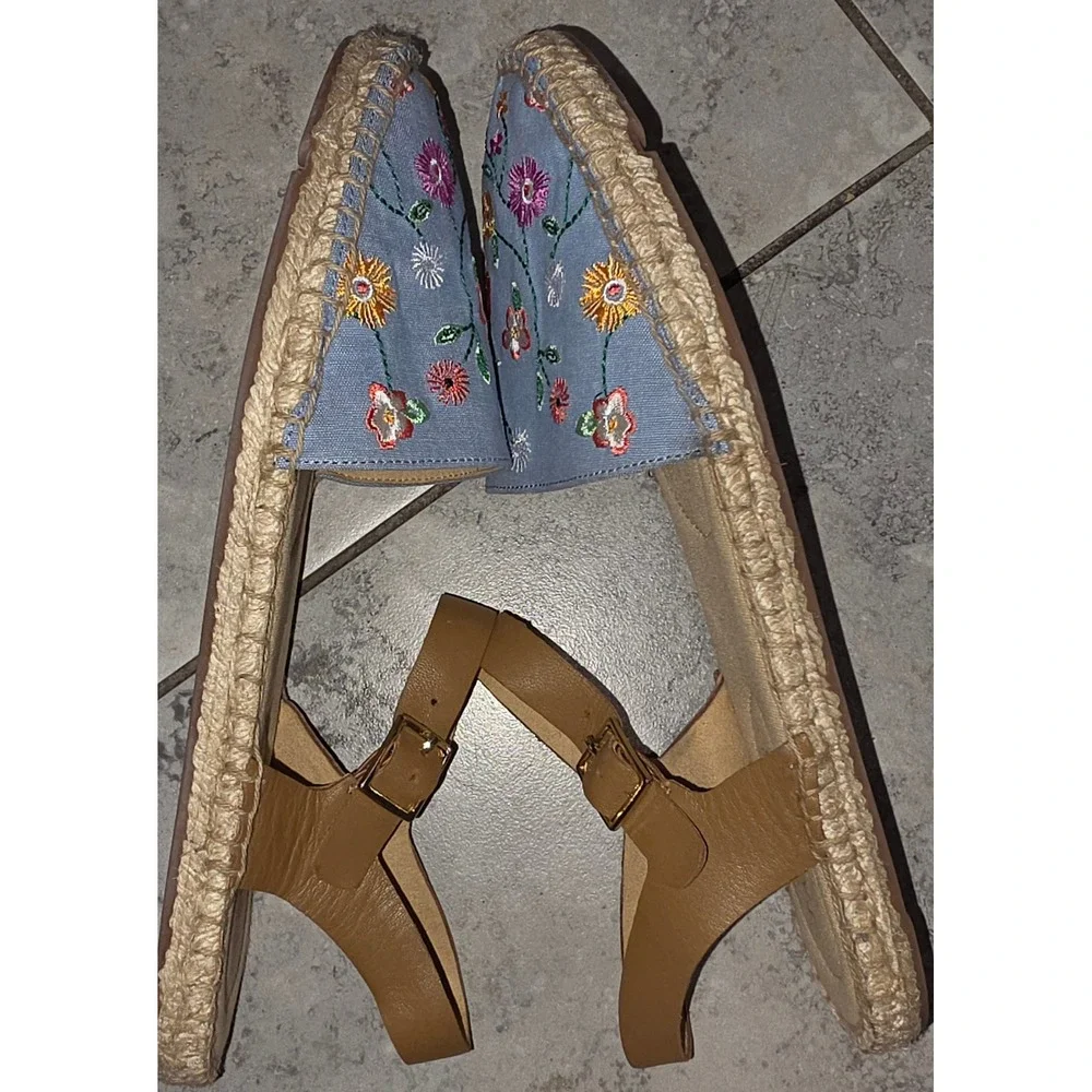Talbots Izzy d'Orsay Espadrilles Floral Embroidered Chambray Sandals 9M